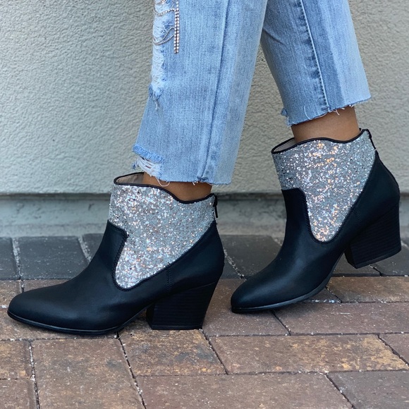 Black/Silver Glitter Embellished Ankle Booties - Picture 3 of 8